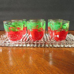 Set of 6 Vintage Juice Glasses Tomato Pattern & Glass Tray